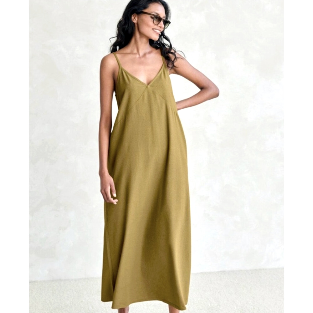 Jenni Kayne Riviera Slip Dress $345 Textured Raw Silk Maxi Midi Safari Green M